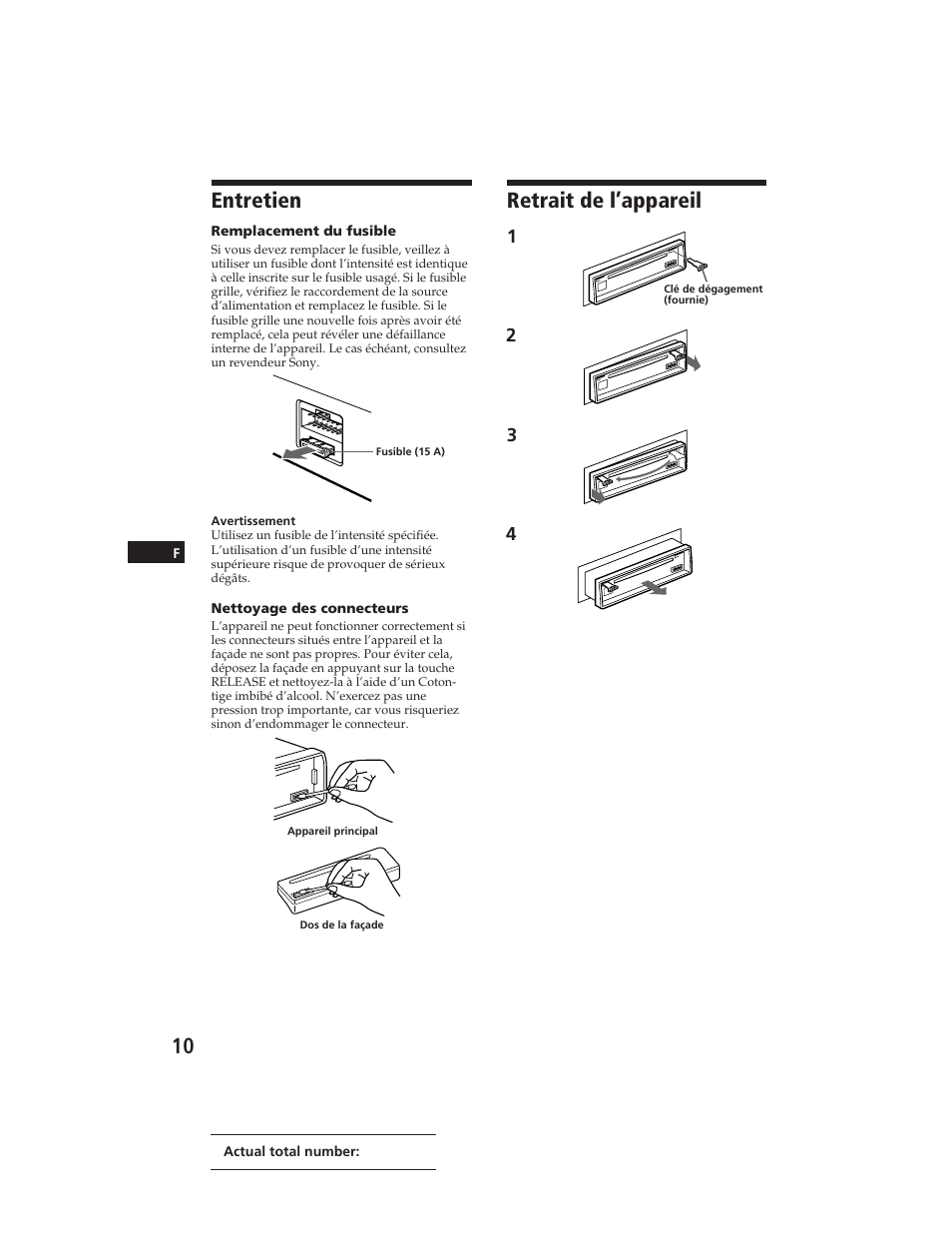 Entretien, Retrait de l’appareil | Sony CDX-3100 User Manual | Page 23 / 54