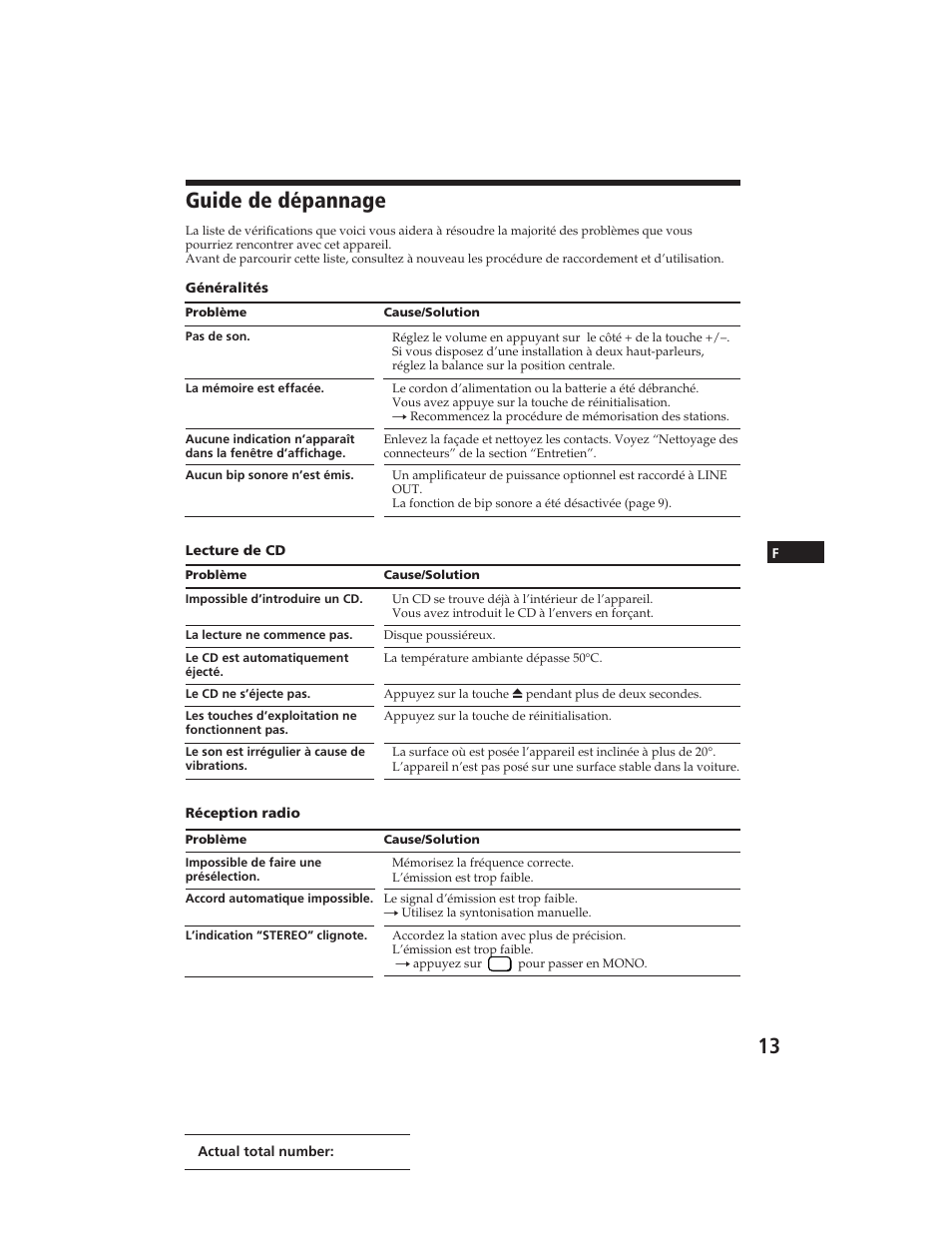 Guide de dépannage | Sony CDX-3100 User Manual | Page 26 / 54