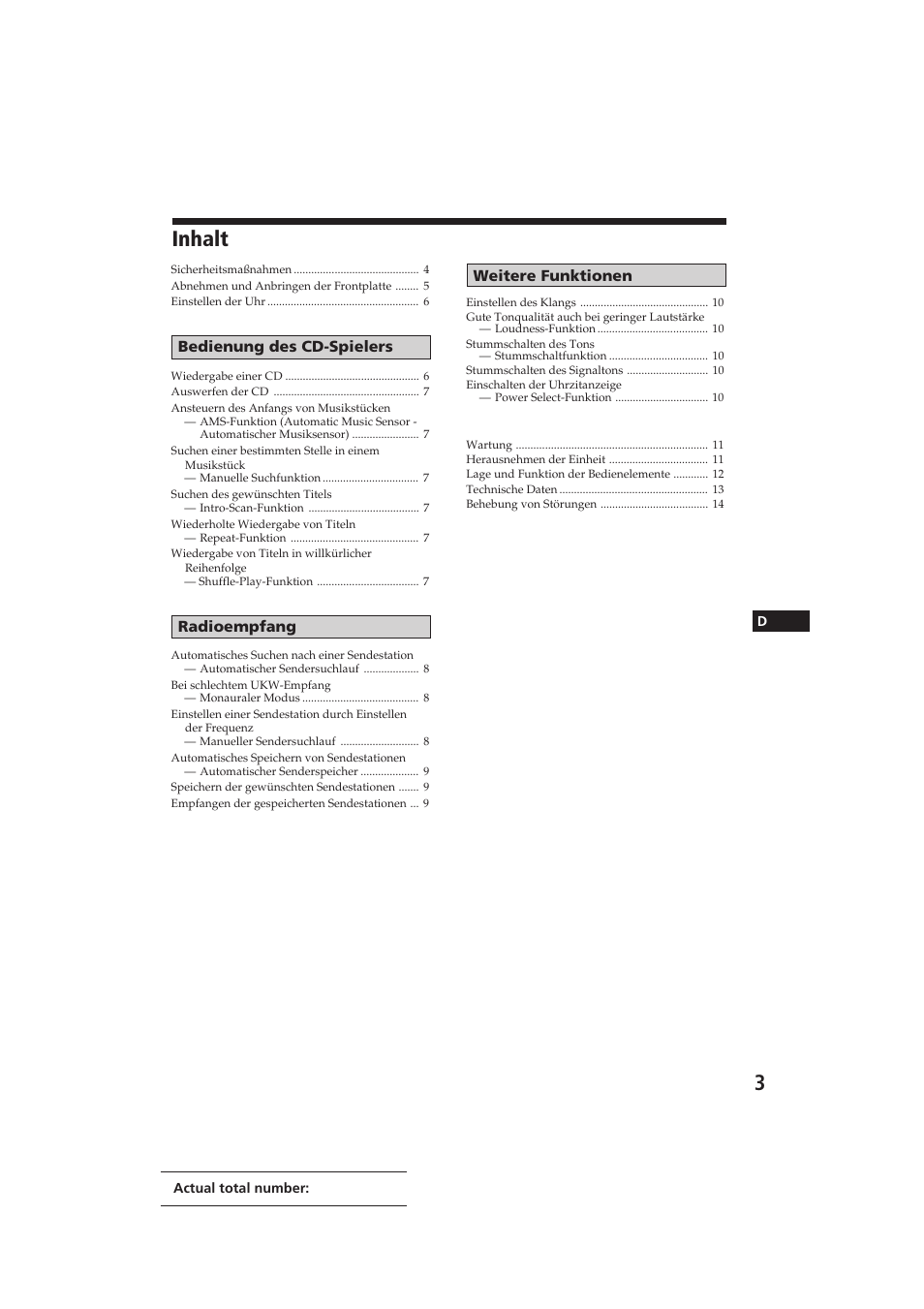 Inhalt | Sony CDX-3100 User Manual | Page 29 / 54
