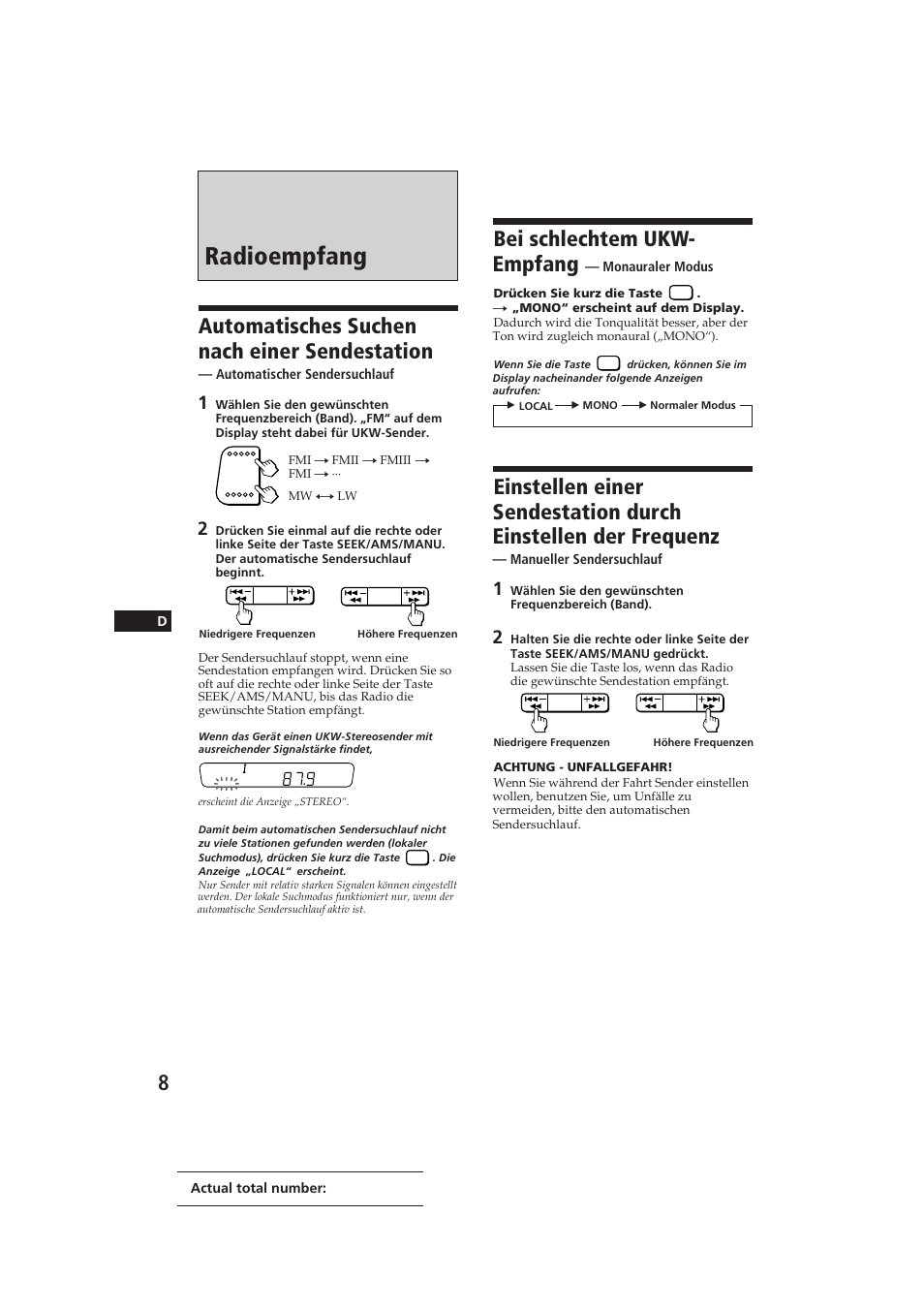 Radioempfang, Automatisches suchen nach einer sendestation, Bei schlechtem ukw- empfang | Sony CDX-3100 User Manual | Page 34 / 54