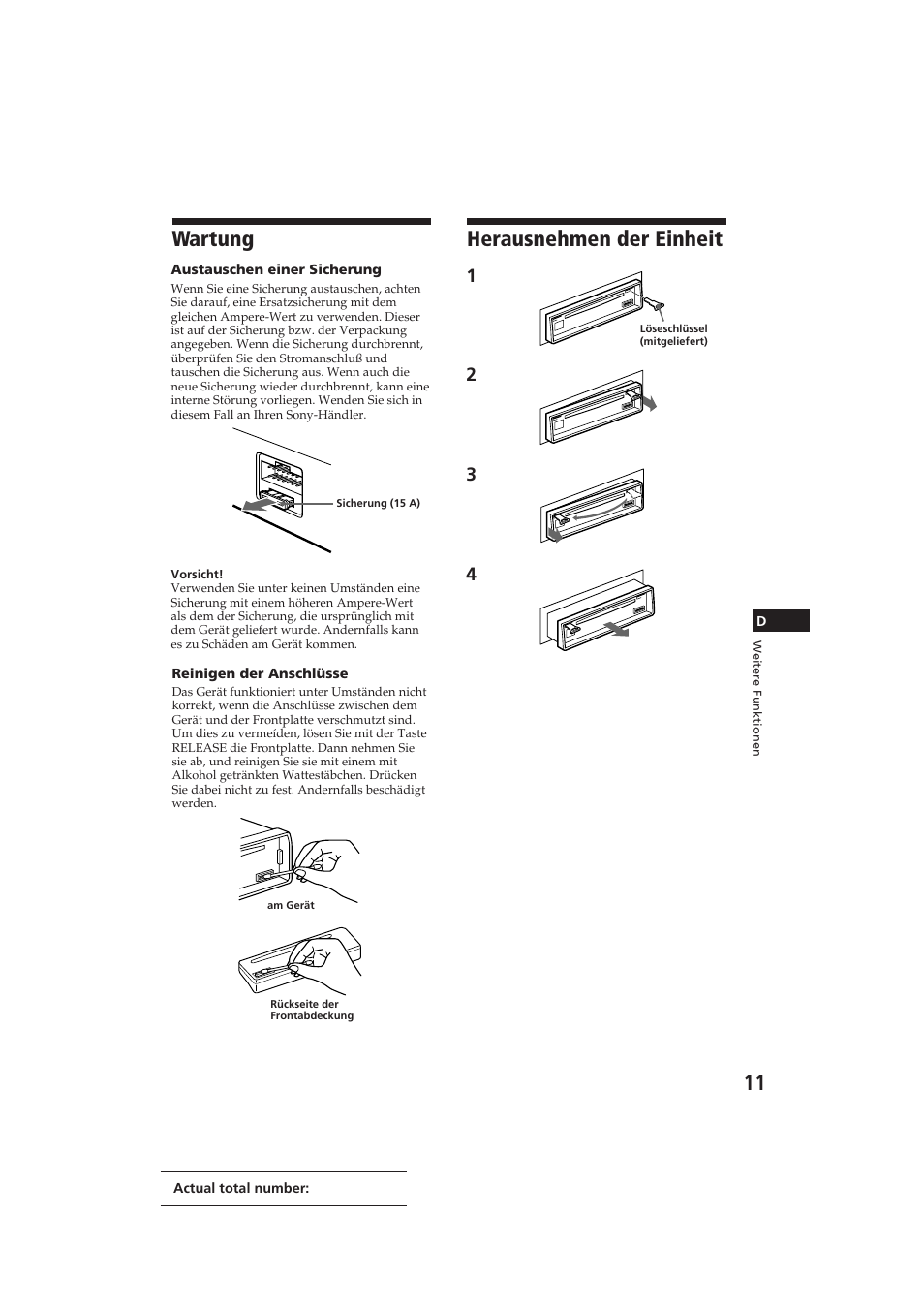 Wartung, Herausnehmen der einheit | Sony CDX-3100 User Manual | Page 37 / 54