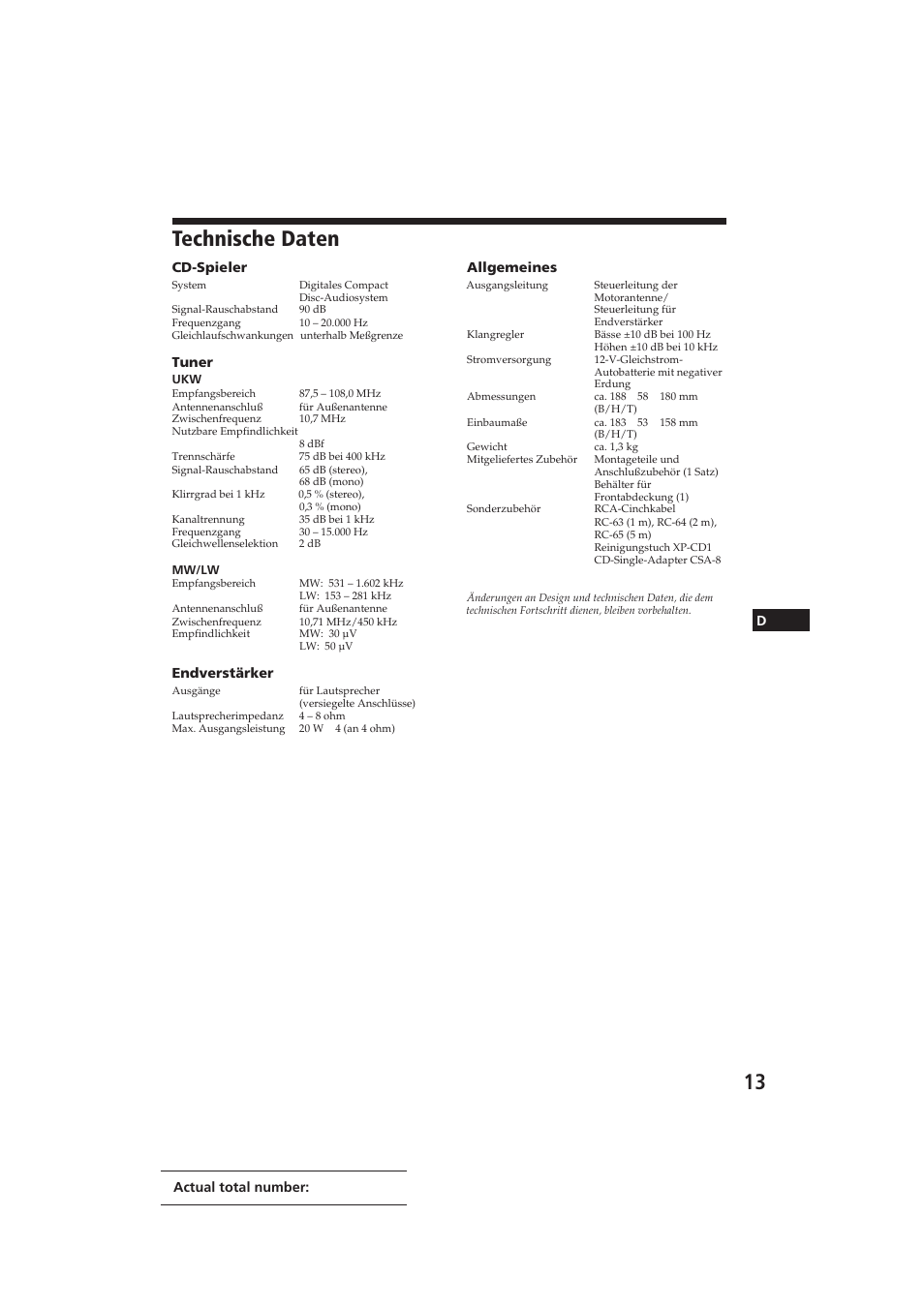 Technische daten | Sony CDX-3100 User Manual | Page 39 / 54
