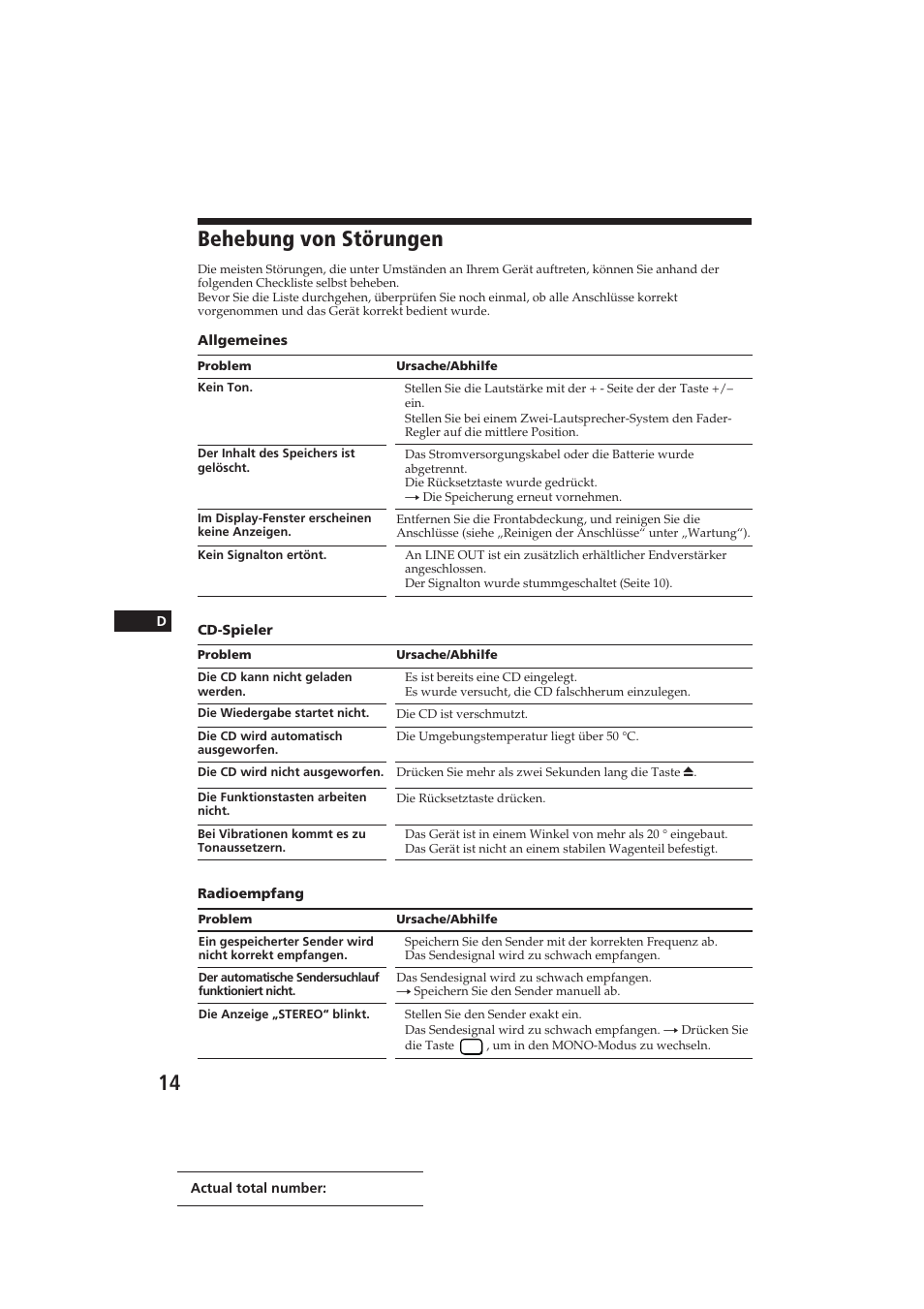Behebung von störungen | Sony CDX-3100 User Manual | Page 40 / 54