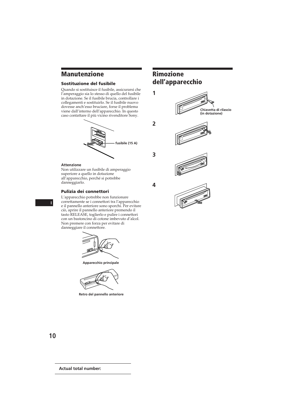 Manutenzione, Rimozione dell’apparecchio | Sony CDX-3100 User Manual | Page 50 / 54