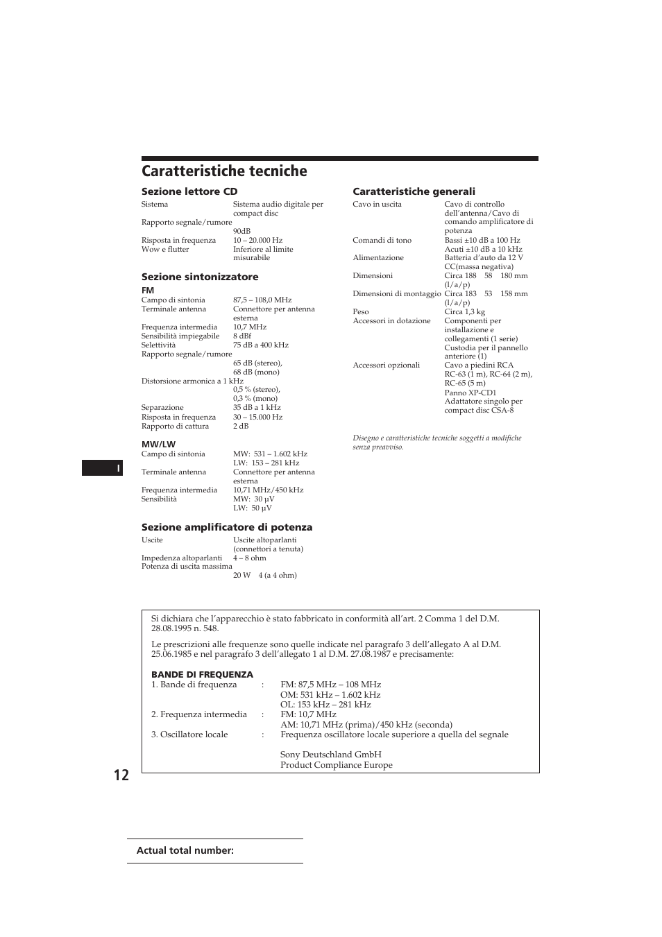 Caratteristiche tecniche | Sony CDX-3100 User Manual | Page 52 / 54