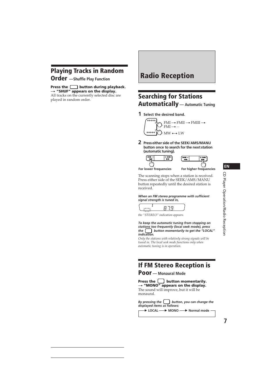 Radio reception, Playing tracks in random order, Searching for stations automatically | If fm stereo reception is poor | Sony CDX-3100 User Manual | Page 7 / 54