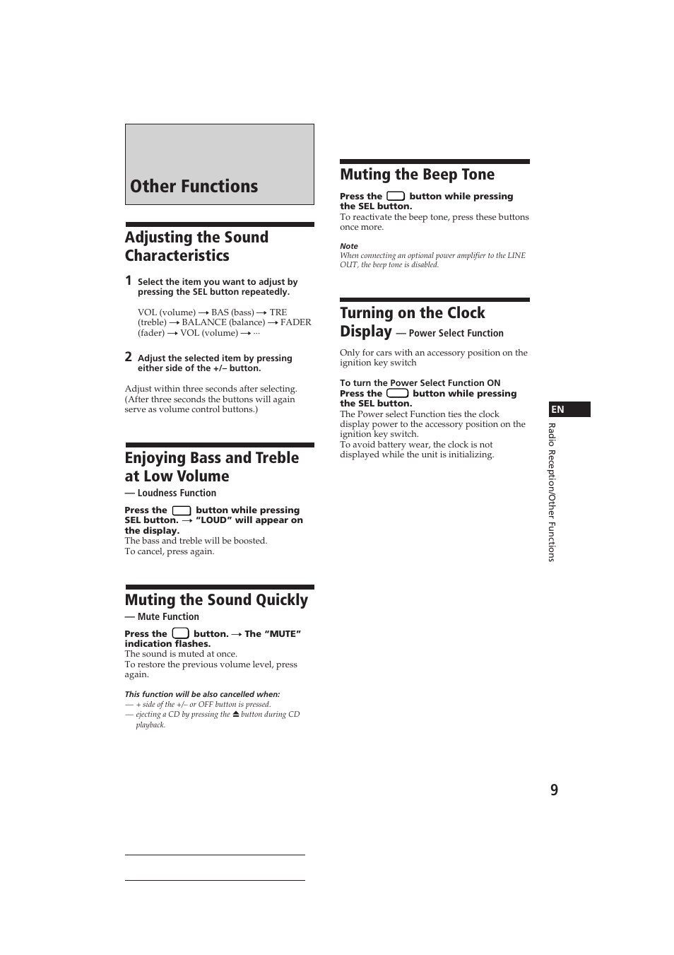 Other functions, Adjusting the sound characteristics, Enjoying bass and treble at low volume | Muting the sound quickly, Muting the beep tone, Turning on the clock display | Sony CDX-3100 User Manual | Page 9 / 54