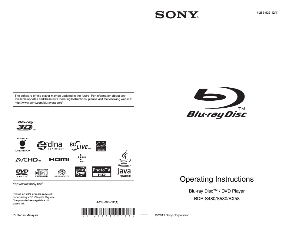 Sony BDP-S580 User Manual | 35 pages