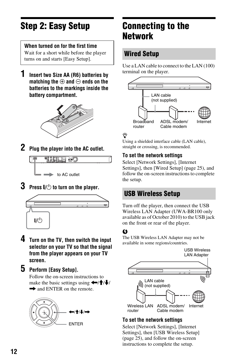 Step 2: easy setup, Connecting to the network, Step 2: easy setup connecting to the network | Step 2: easy setup 1, Wired setup usb wireless setup | Sony BDP-S580 User Manual | Page 12 / 35