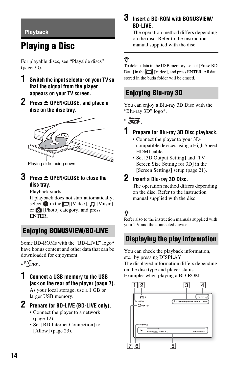 Playback, Playing a disc, Enjoying bonusview/bd-live | Sony BDP-S580 User Manual | Page 14 / 35