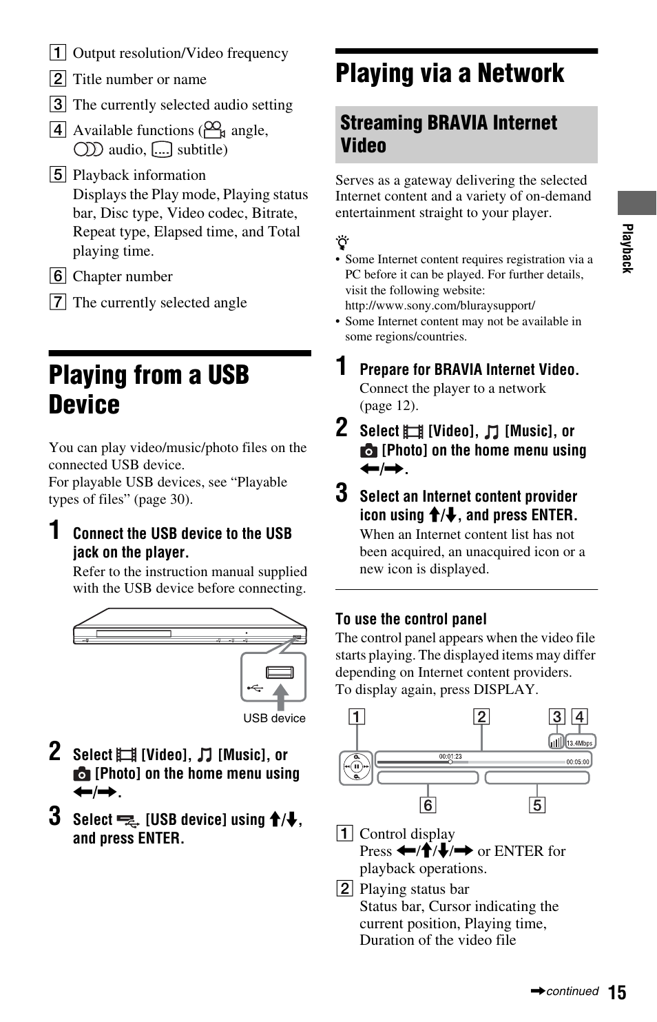 Playing from a usb device, Playing via a network, Playing from a usb device playing via a network | Streaming bravia internet video | Sony BDP-S580 User Manual | Page 15 / 35