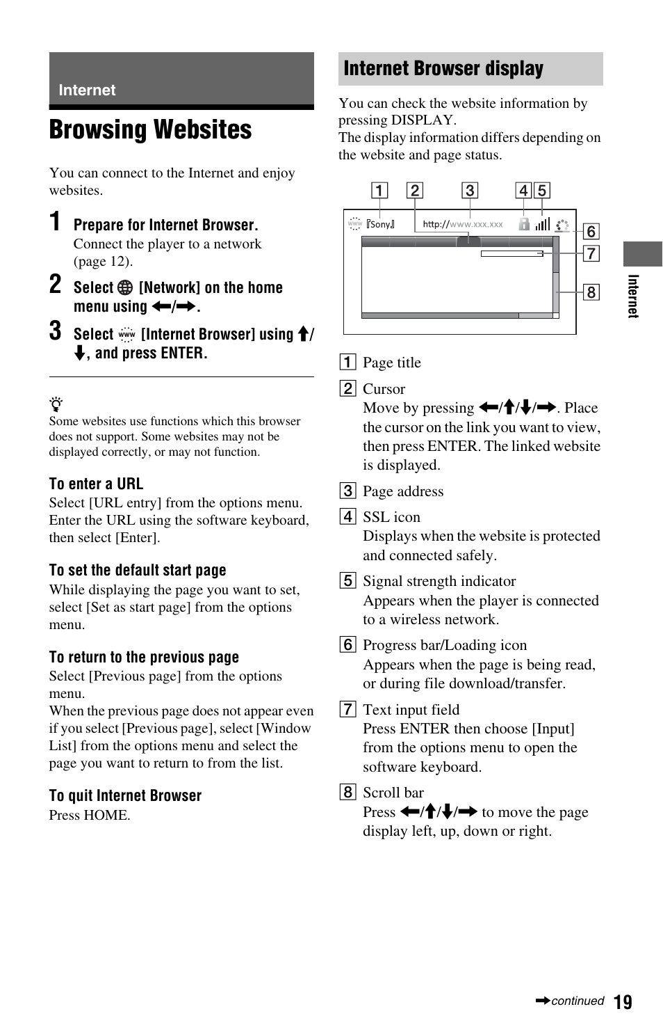 Internet, Browsing websites, Internet browser display | Sony BDP-S580 User Manual | Page 19 / 35