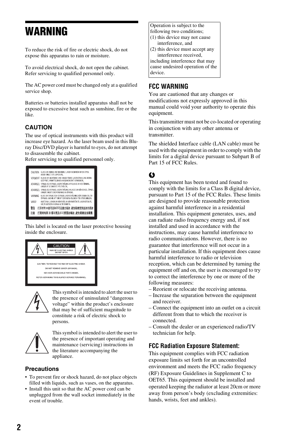 Warning | Sony BDP-S580 User Manual | Page 2 / 35