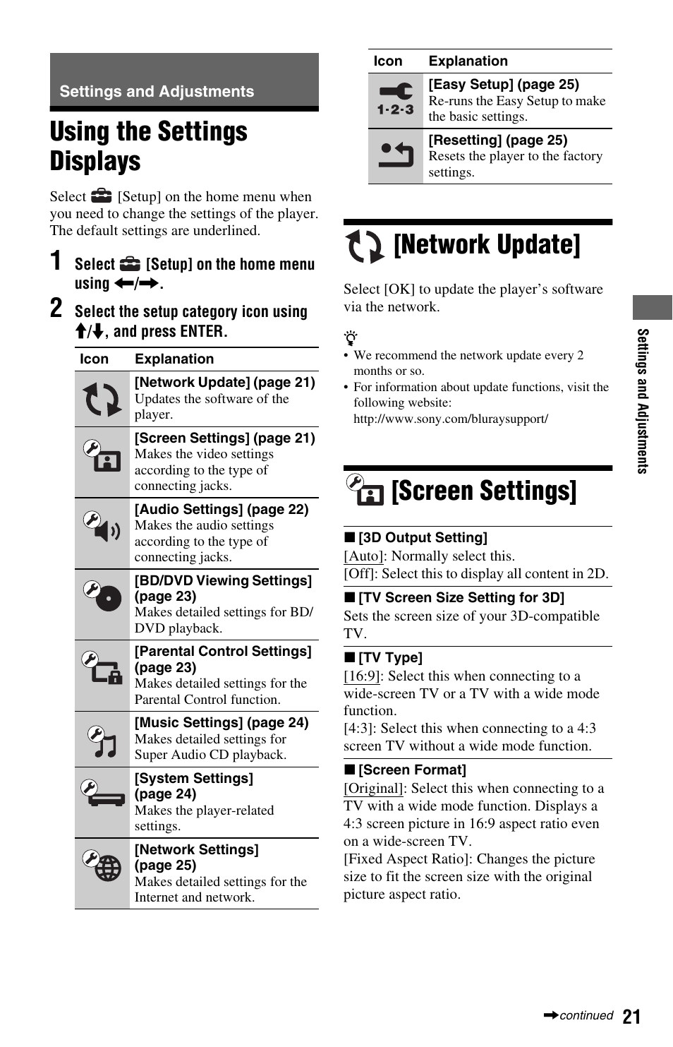 Settings and adjustments, Using the settings displays, Network update | Screen settings | Sony BDP-S580 User Manual | Page 21 / 35