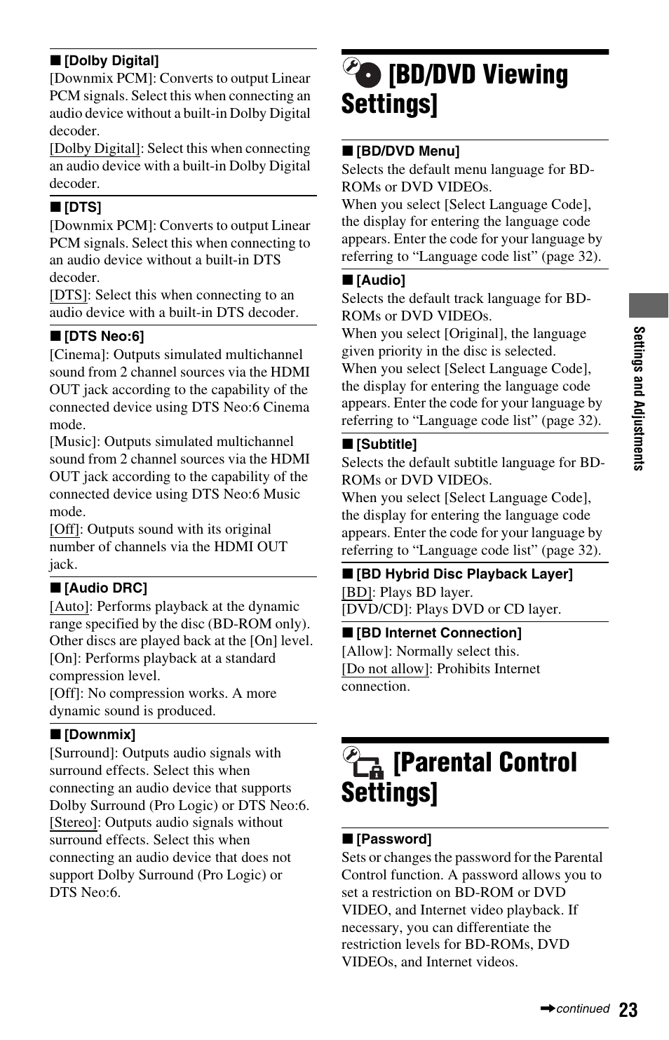 Bd/dvd viewing settings, Parental control settings | Sony BDP-S580 User Manual | Page 23 / 35