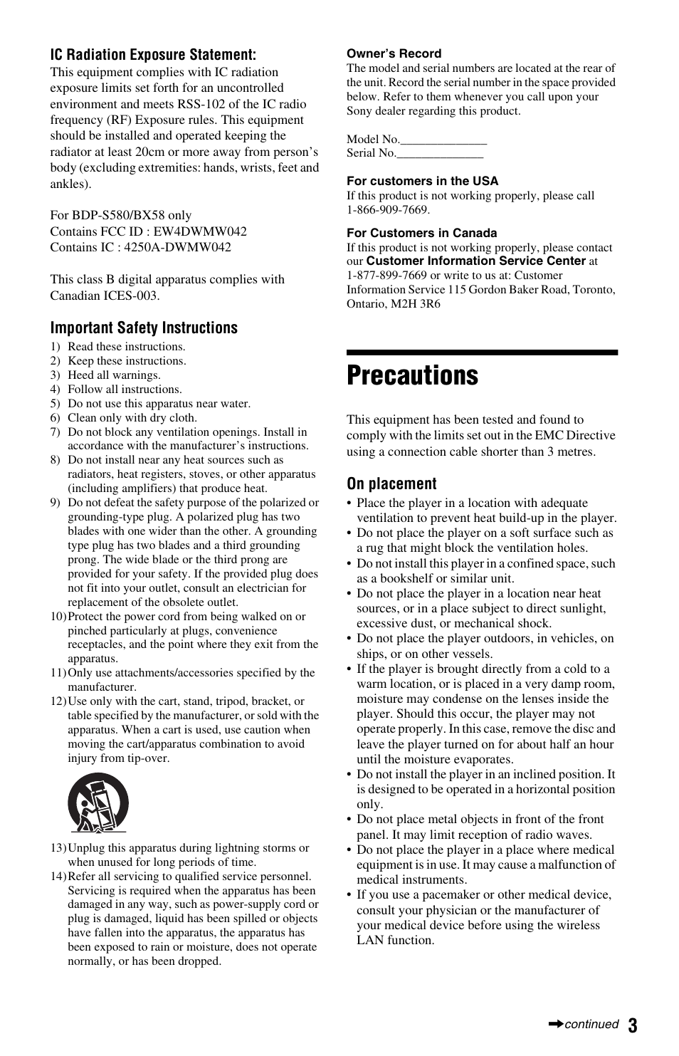 Precautions, Important safety instructions, On placement | Sony BDP-S580 User Manual | Page 3 / 35