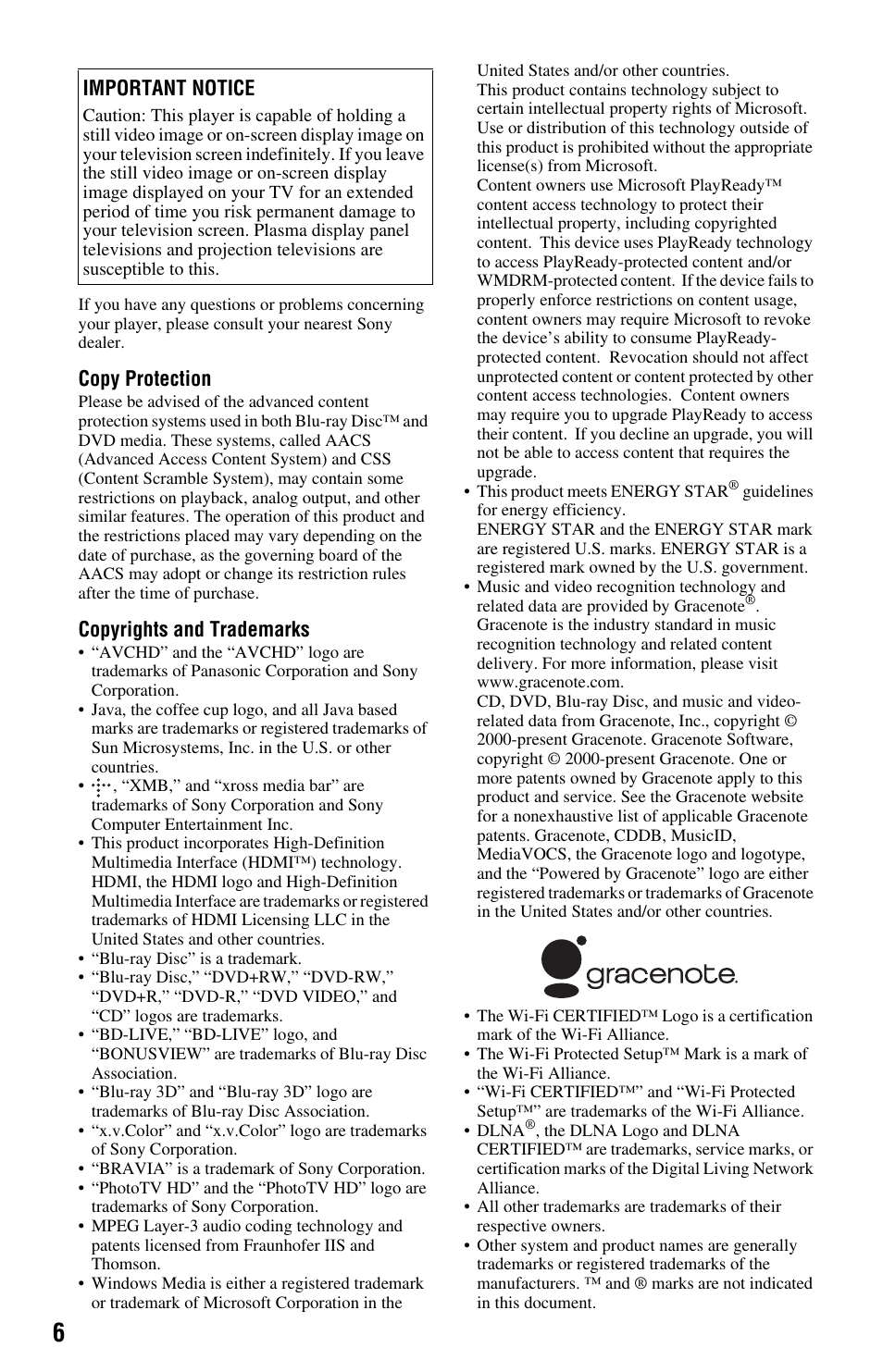 Copy protection, Copyrights and trademarks, Important notice | Sony BDP-S580 User Manual | Page 6 / 35