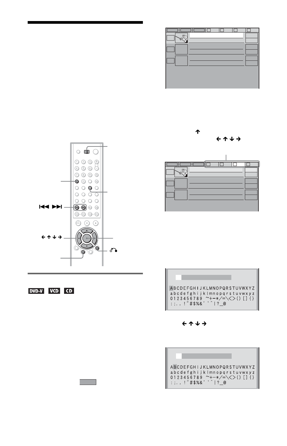 Labeling discs and folders (edit mode), Labeling discs and folders, Labeling a disc or folder | Edit mode), Select the disc or folder you want to label, C/x/x/c, Press enter, Press c/x/x/c to select a character | Sony DVP-CX985V User Manual | Page 54 / 104