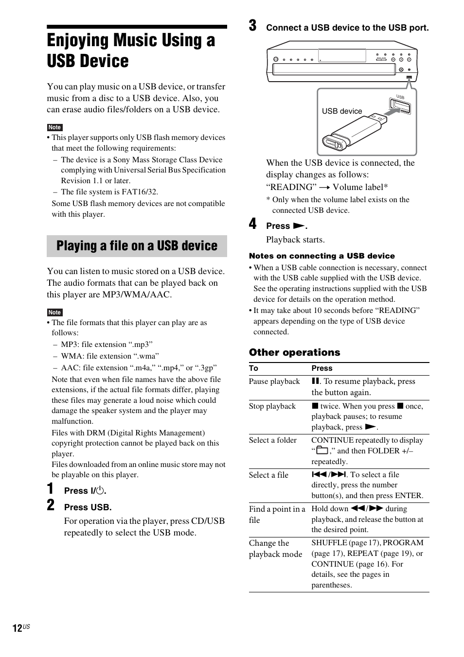 Enjoying music using a usb device, Playing a file on a usb device, E 12 | E 12), Es 12 | Sony CDPCE500 User Manual | Page 12 / 24