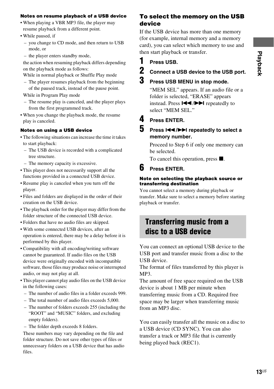 Transferring music from a disc to a usb device, E 13) | Sony CDPCE500 User Manual | Page 13 / 24