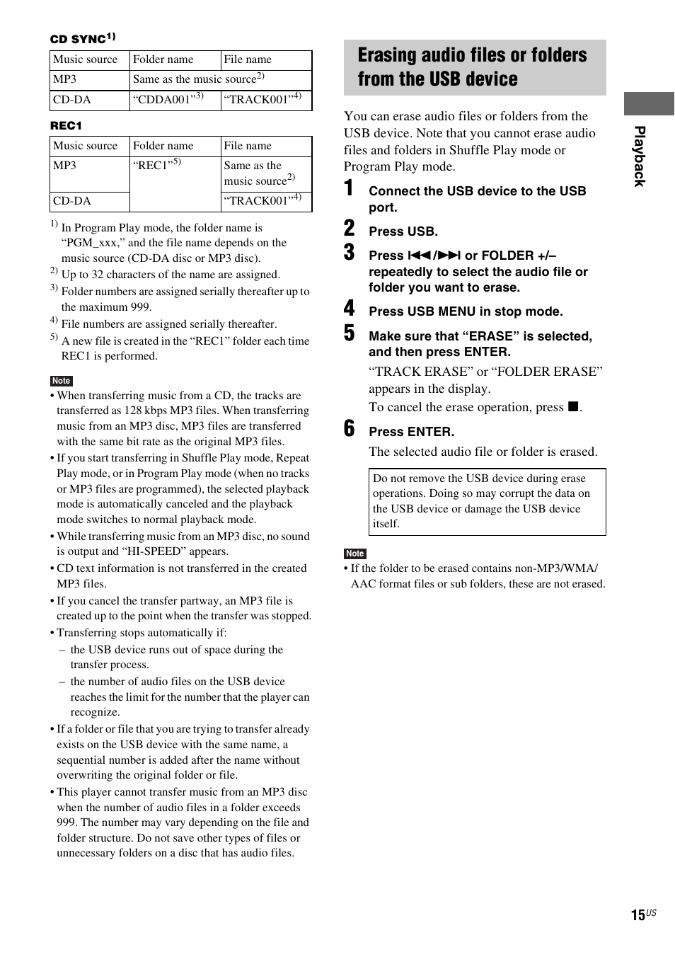 Erasing audio files or folders from the usb device | Sony CDPCE500 User Manual | Page 15 / 24