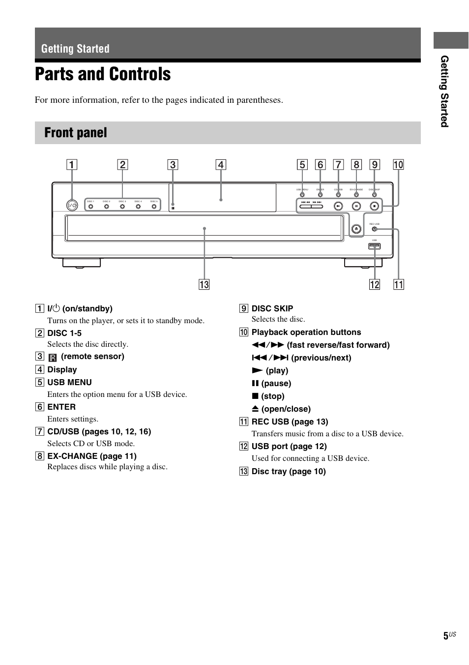 Getting started, Parts and controls, Front panel | Ge tting star te d 5 | Sony CDPCE500 User Manual | Page 5 / 24