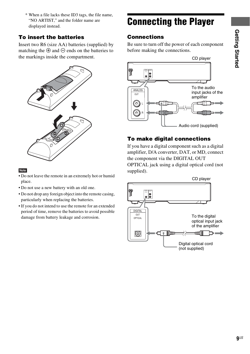 Connecting the player, Ge tting star te d 9, Connections | Sony CDPCE500 User Manual | Page 9 / 24