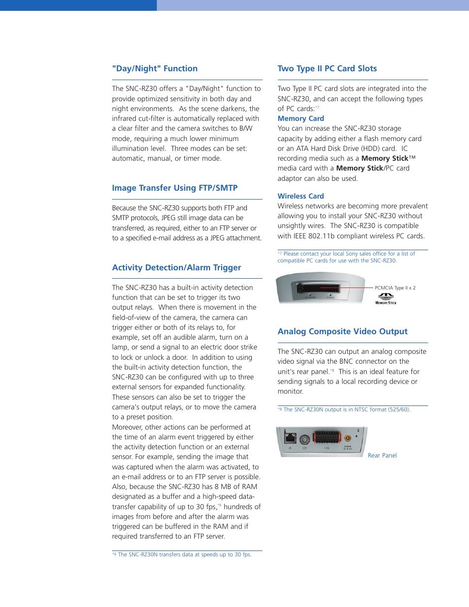 Day/night" function, Image transfer using ftp/smtp, Activity detection/alarm trigger | Two type ii pc card slots, Analog composite video output | Sony SNC-RZ30N/2 User Manual | Page 5 / 8