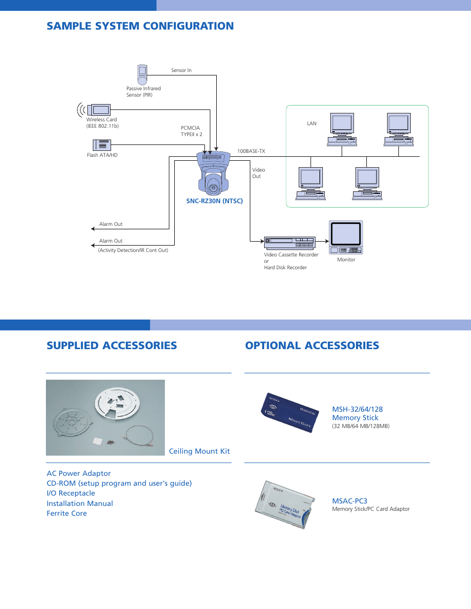 Supplied accessories, Optional accessories, Sample system configuration | Sony SNC-RZ30N/2 User Manual | Page 7 / 8