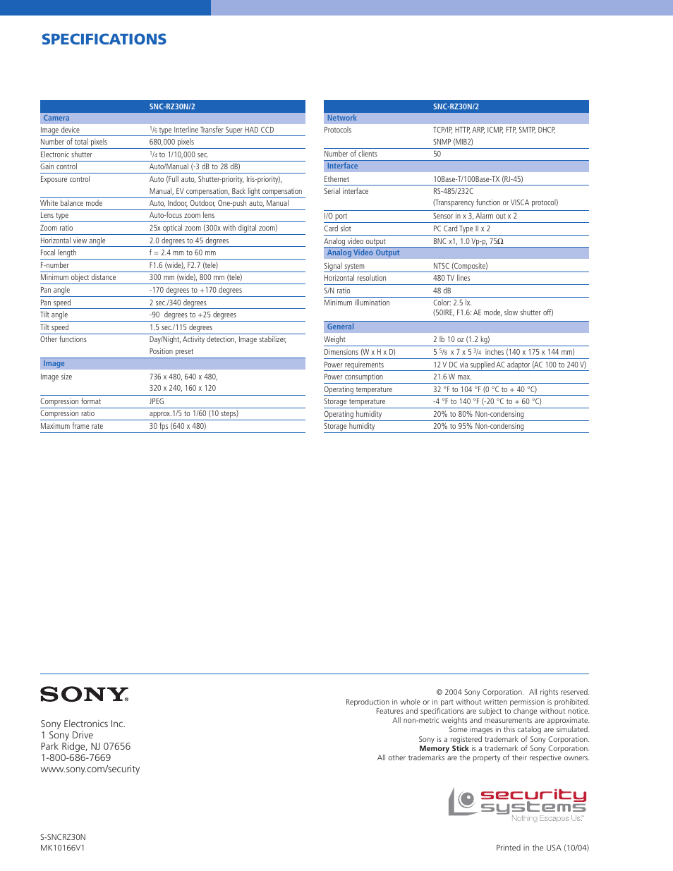 Specifications | Sony SNC-RZ30N/2 User Manual | Page 8 / 8