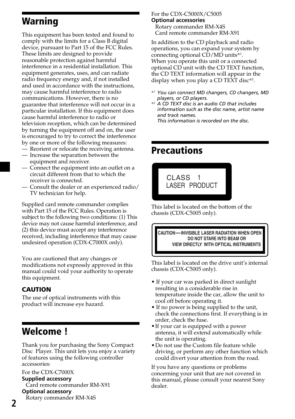 2warning, Welcome, Precautions | Class product laser 1 | Sony CDX-C7000X User Manual | Page 2 / 28