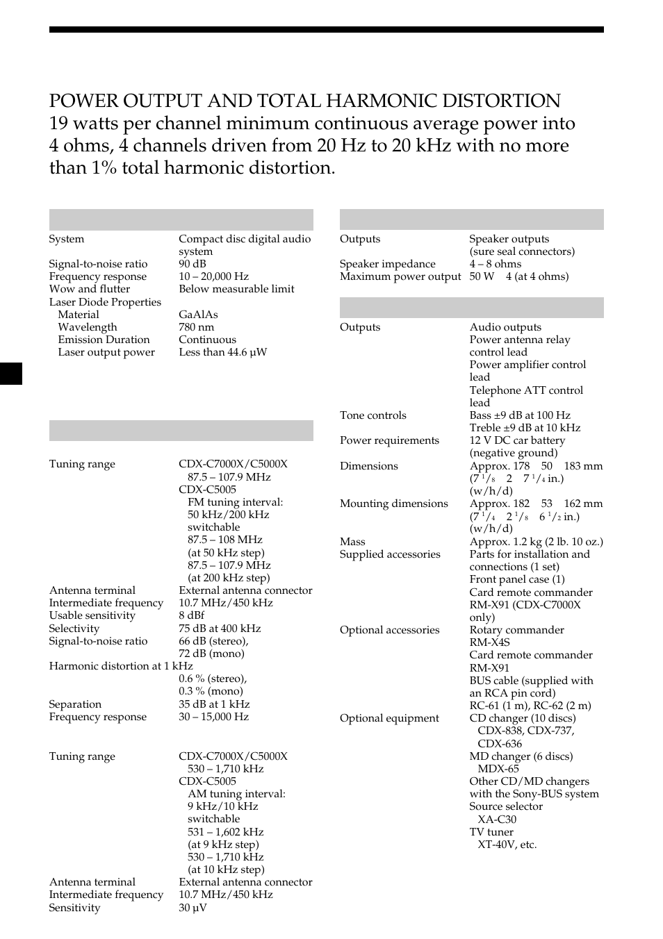Specifications, 26 specifications, Audio power specifications | General | Sony CDX-C7000X User Manual | Page 26 / 28