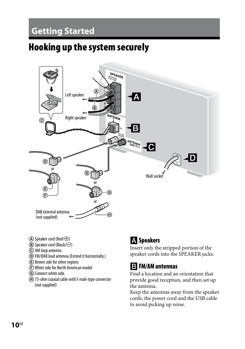 Getting started, Hooking up the system securely, Hooking up the system | Securely, Speakers, Fm/am antennas | Sony CMT-BX7DAB User Manual | Page 10 / 32