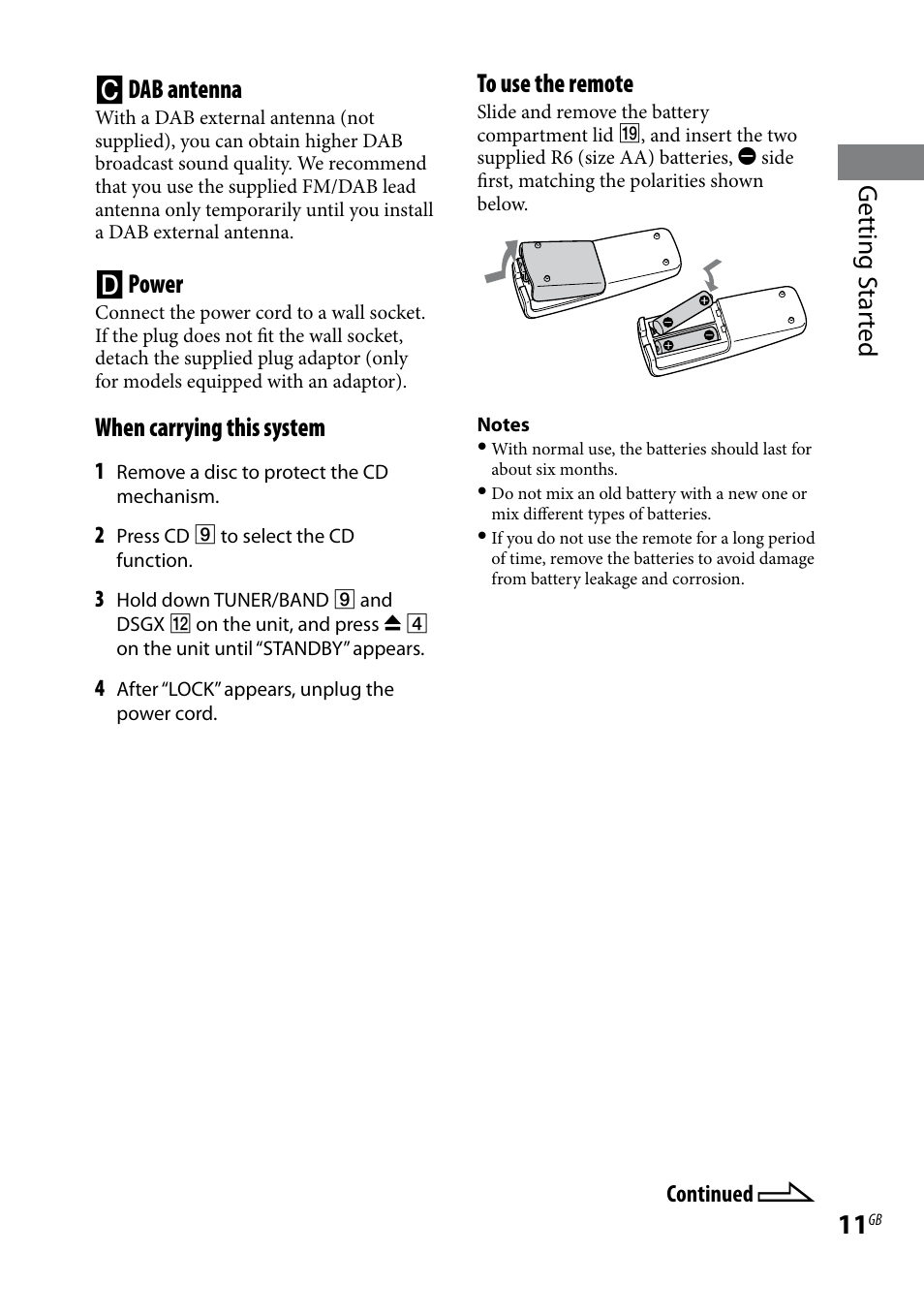 Getting s tar ted  dab antenna, Power, When carrying this system | Sony CMT-BX7DAB User Manual | Page 11 / 32