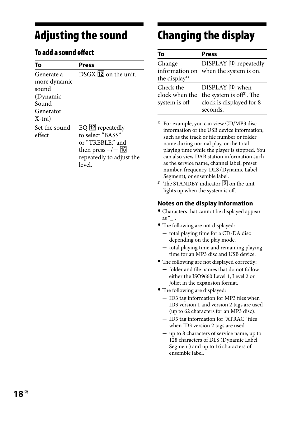Adjusting the sound, Changing the display, Adjusting the sound changing the display | Sony CMT-BX7DAB User Manual | Page 18 / 32