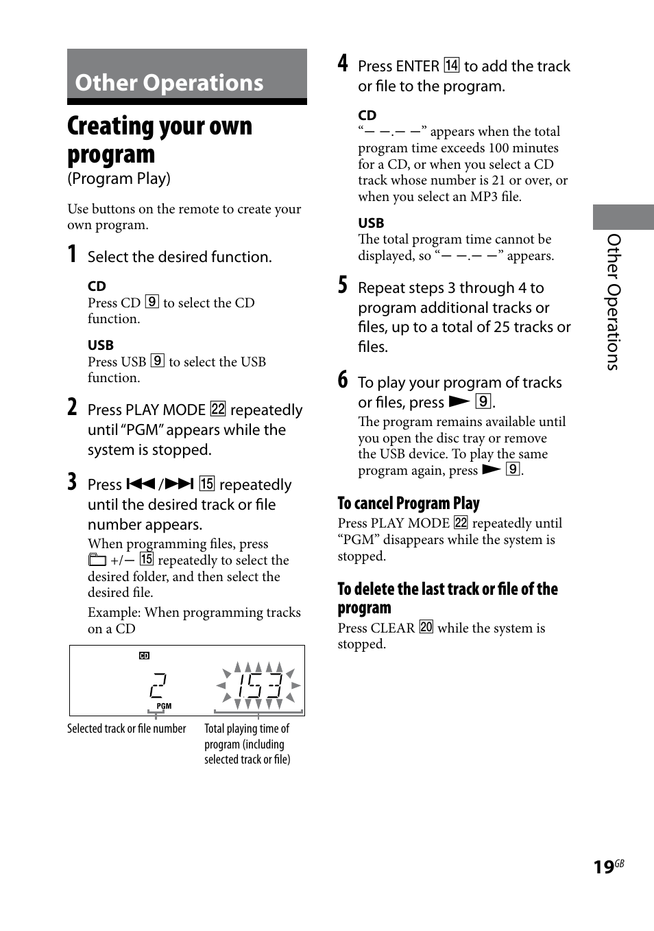 Other operations, Creating your own program, Program play) | Other oper ations | Sony CMT-BX7DAB User Manual | Page 19 / 32