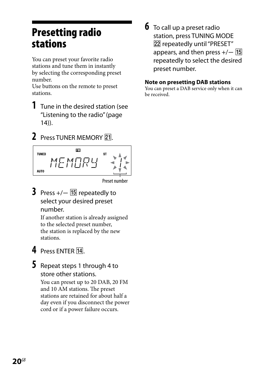Presetting radio stations | Sony CMT-BX7DAB User Manual | Page 20 / 32