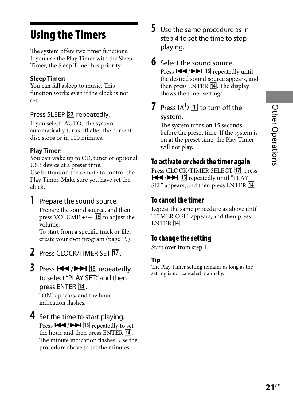 Using the timers, Other oper ations | Sony CMT-BX7DAB User Manual | Page 21 / 32