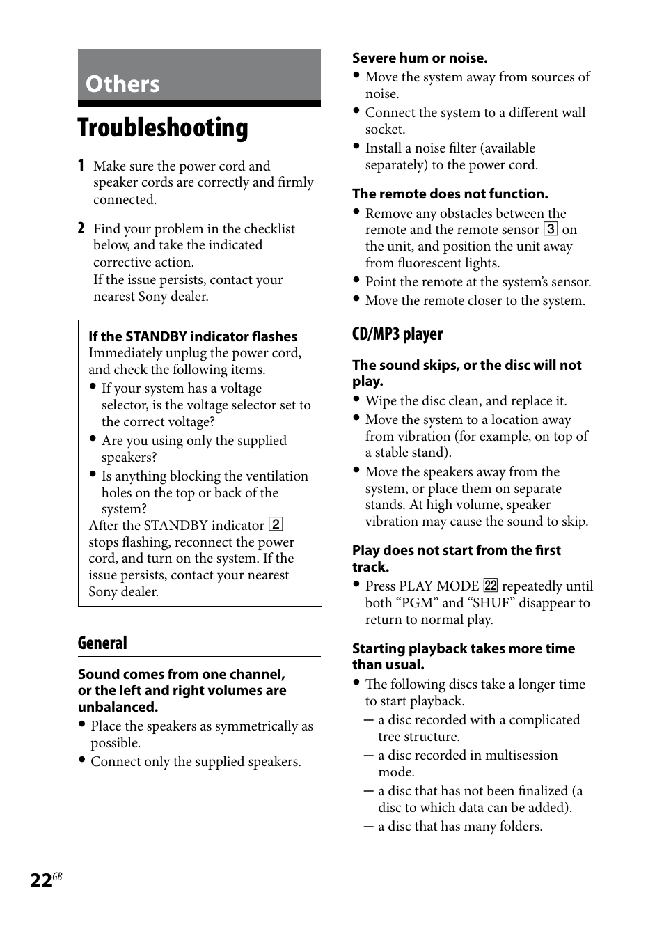 Others, Troubleshooting, General | Cd/mp3 player | Sony CMT-BX7DAB User Manual | Page 22 / 32