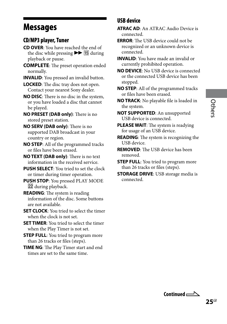 Messages, Others, Cd/mp3 player, tuner | Usb device | Sony CMT-BX7DAB User Manual | Page 25 / 32