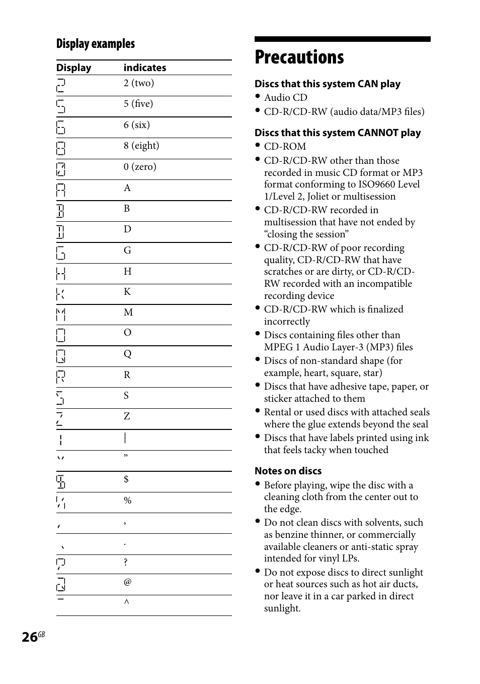 Precautions, Display examples | Sony CMT-BX7DAB User Manual | Page 26 / 32