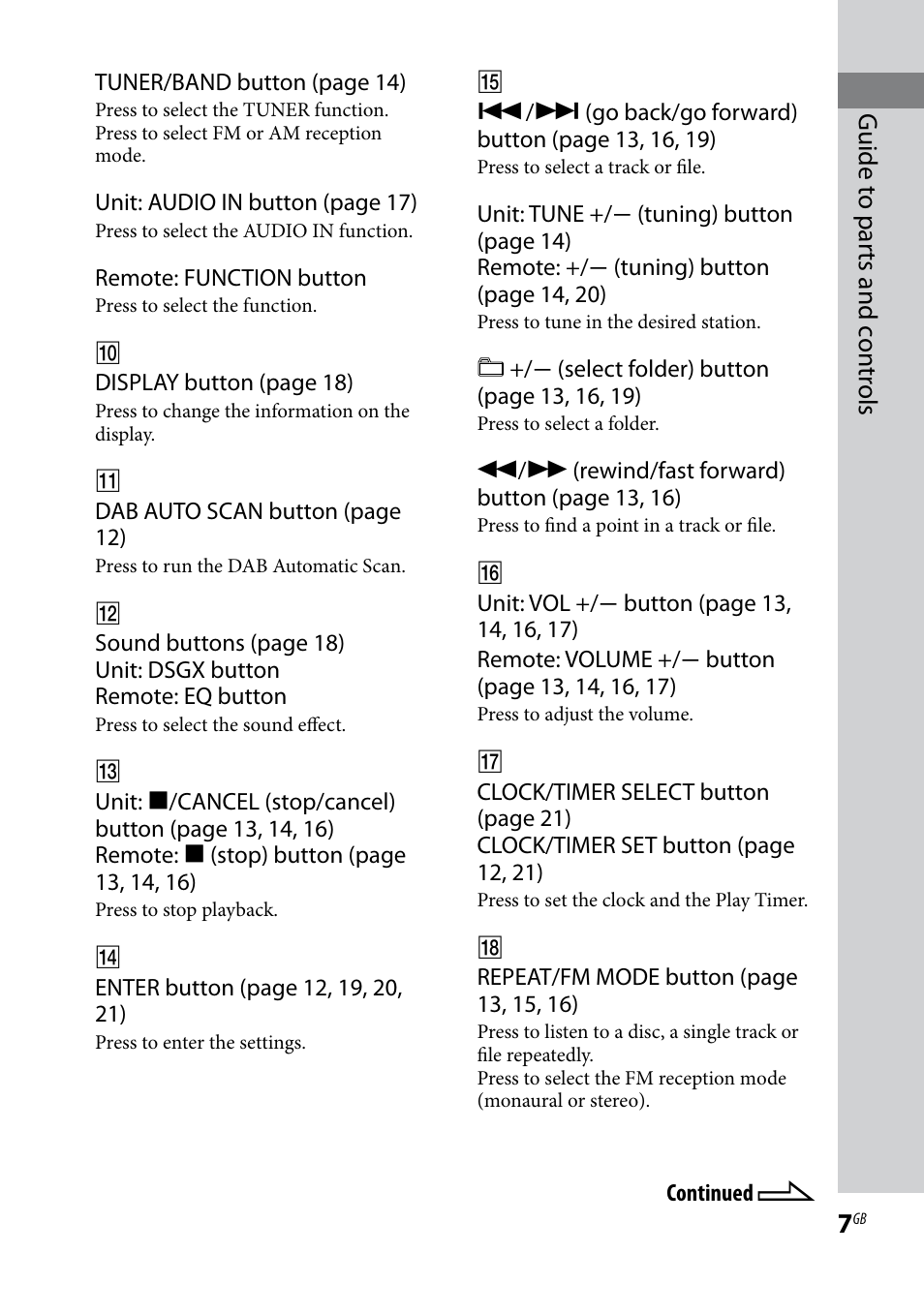 Guide t o par ts and c on tr ols | Sony CMT-BX7DAB User Manual | Page 7 / 32