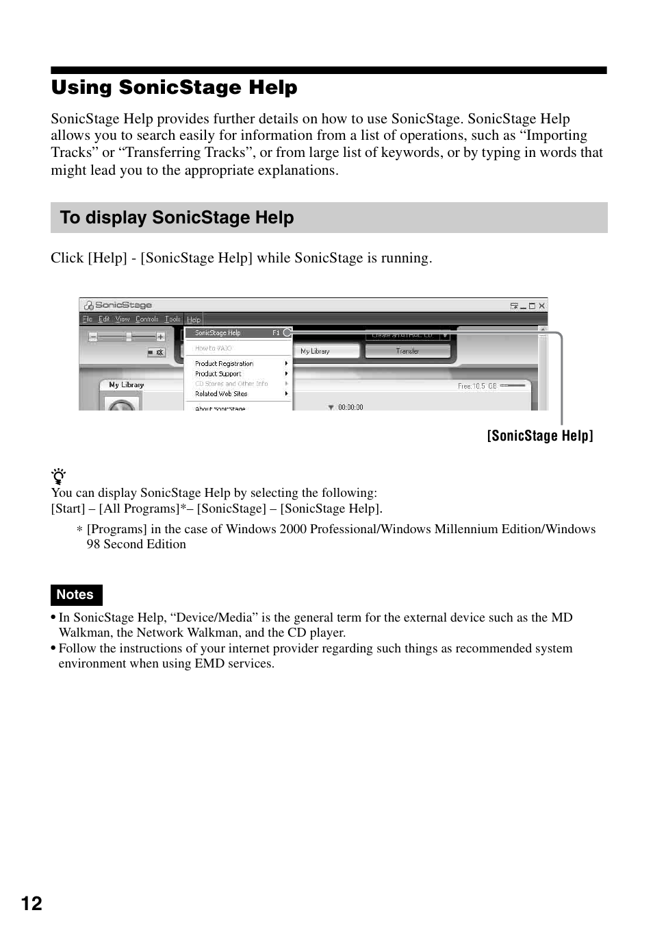Using sonicstage help, To display sonicstage help, 12 using sonicstage help | Sony Micro HI-FI Component System User Manual | Page 12 / 20