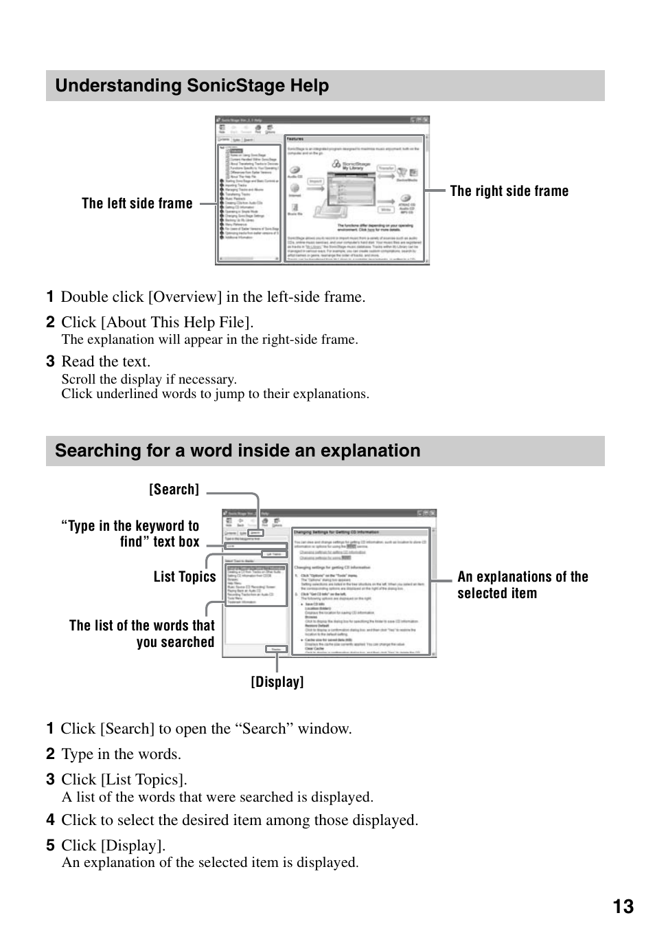 Understanding sonicstage help, Searching for a word inside an explanation | Sony Micro HI-FI Component System User Manual | Page 13 / 20