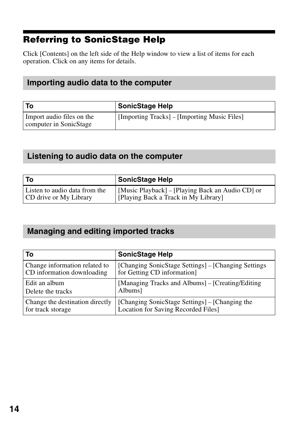 Referring to sonicstage help, Importing audio data to the computer, Listening to audio data on the computer | Managing and editing imported tracks, 14 referring to sonicstage help | Sony Micro HI-FI Component System User Manual | Page 14 / 20