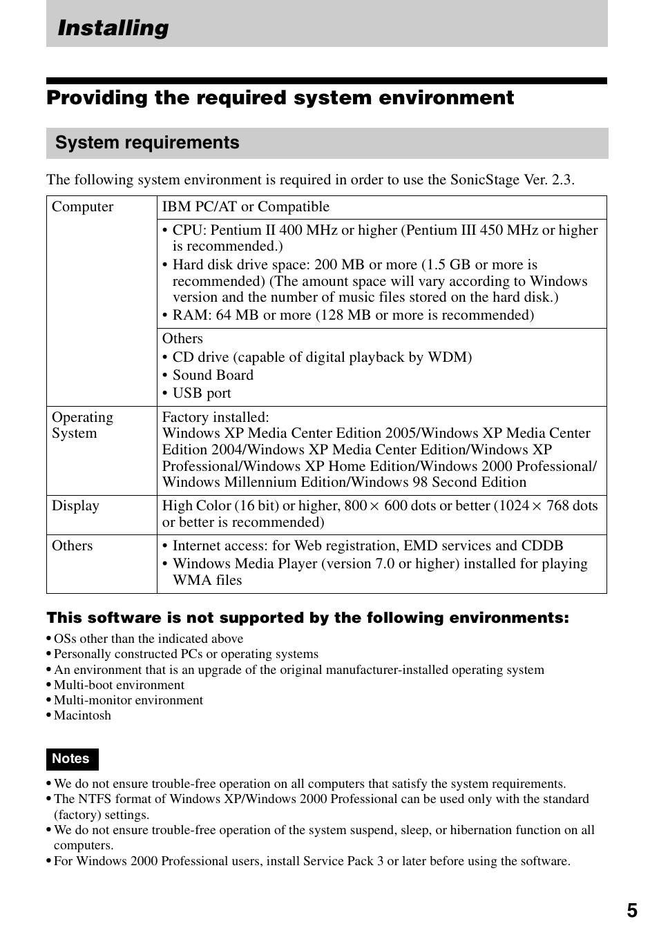 Installing, Providing the required system environment, System requirements | Sony Micro HI-FI Component System User Manual | Page 5 / 20