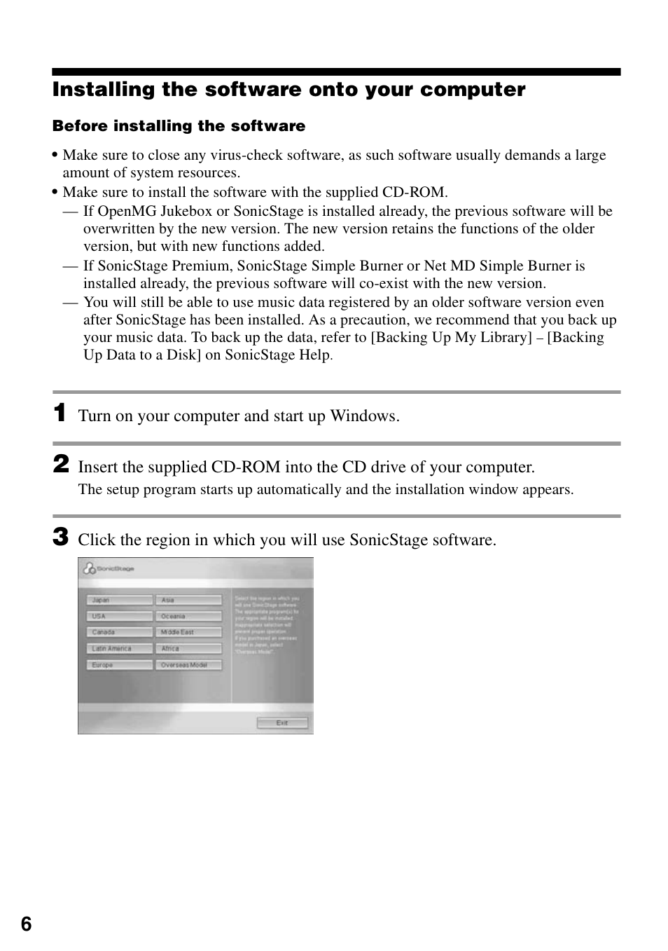 Installing the software onto your computer, 6installing the software onto your computer | Sony Micro HI-FI Component System User Manual | Page 6 / 20