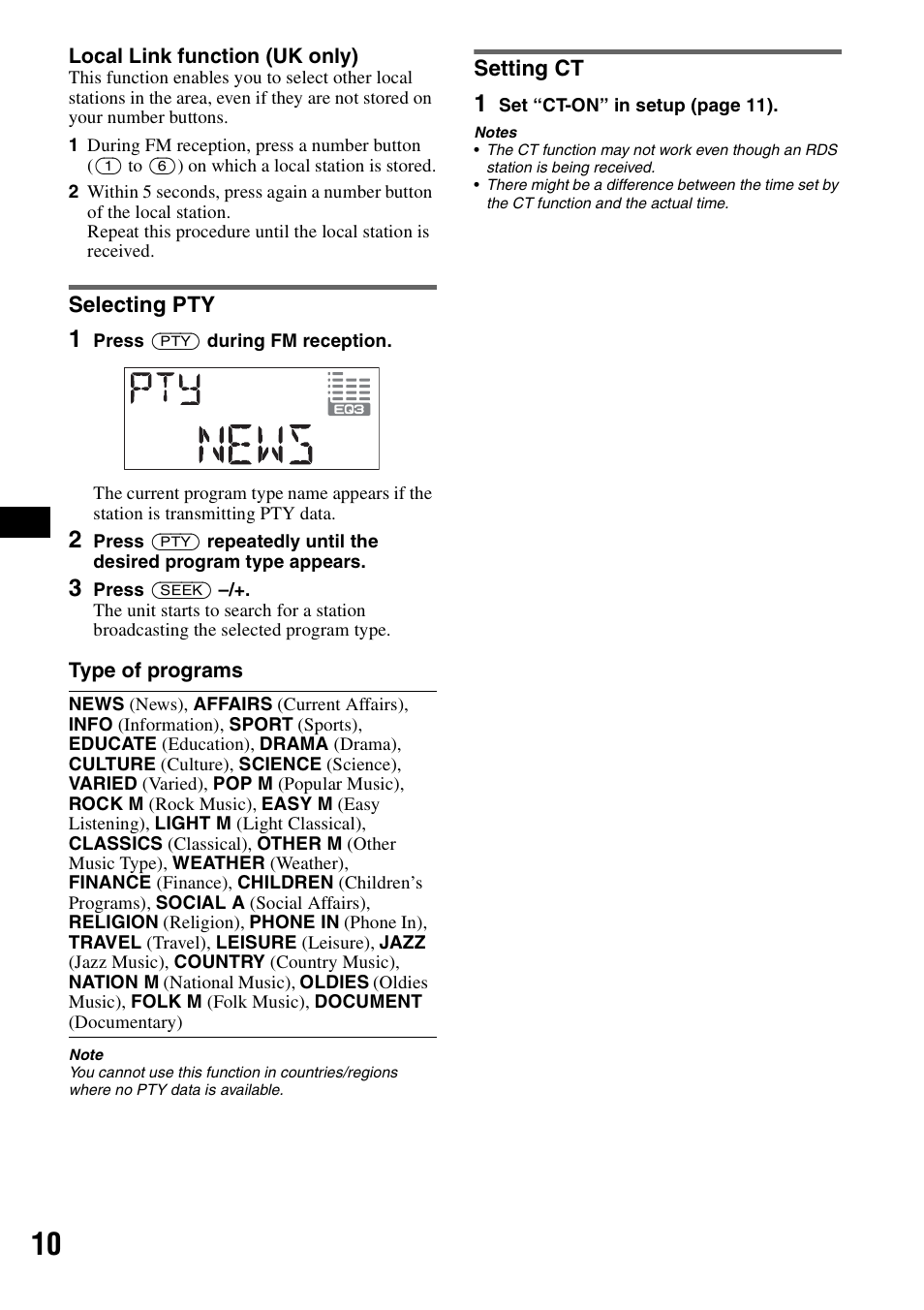Selecting pty, Setting ct, Selecting pty setting ct | Sony CDX-A360 User Manual | Page 10 / 96