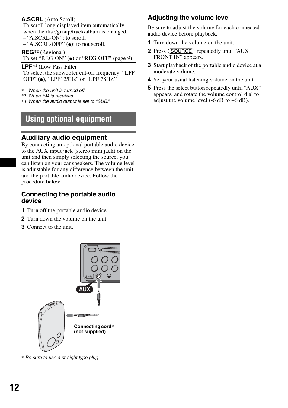 Using optional equipment, Auxiliary audio equipment | Sony CDX-A360 User Manual | Page 12 / 96