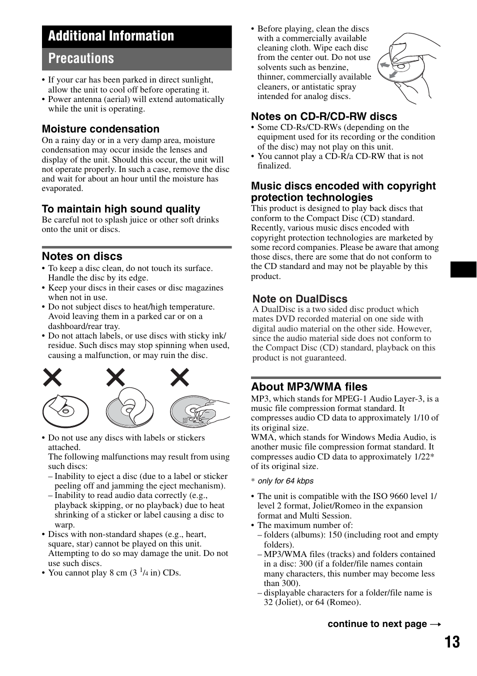 Additional information, Precautions, Notes on discs | About mp3/wma files, Notes on discs about mp3/wma files, Additional information precautions | Sony CDX-A360 User Manual | Page 13 / 96